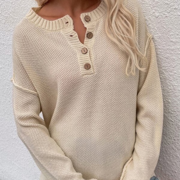 Cream Button up Knit Oversized Sweater Top Minimalist - Picture 9 of 11